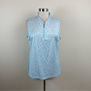 Greg Norman Blue White Floral Quarter Zip Blouse Top Women XL Extra Large